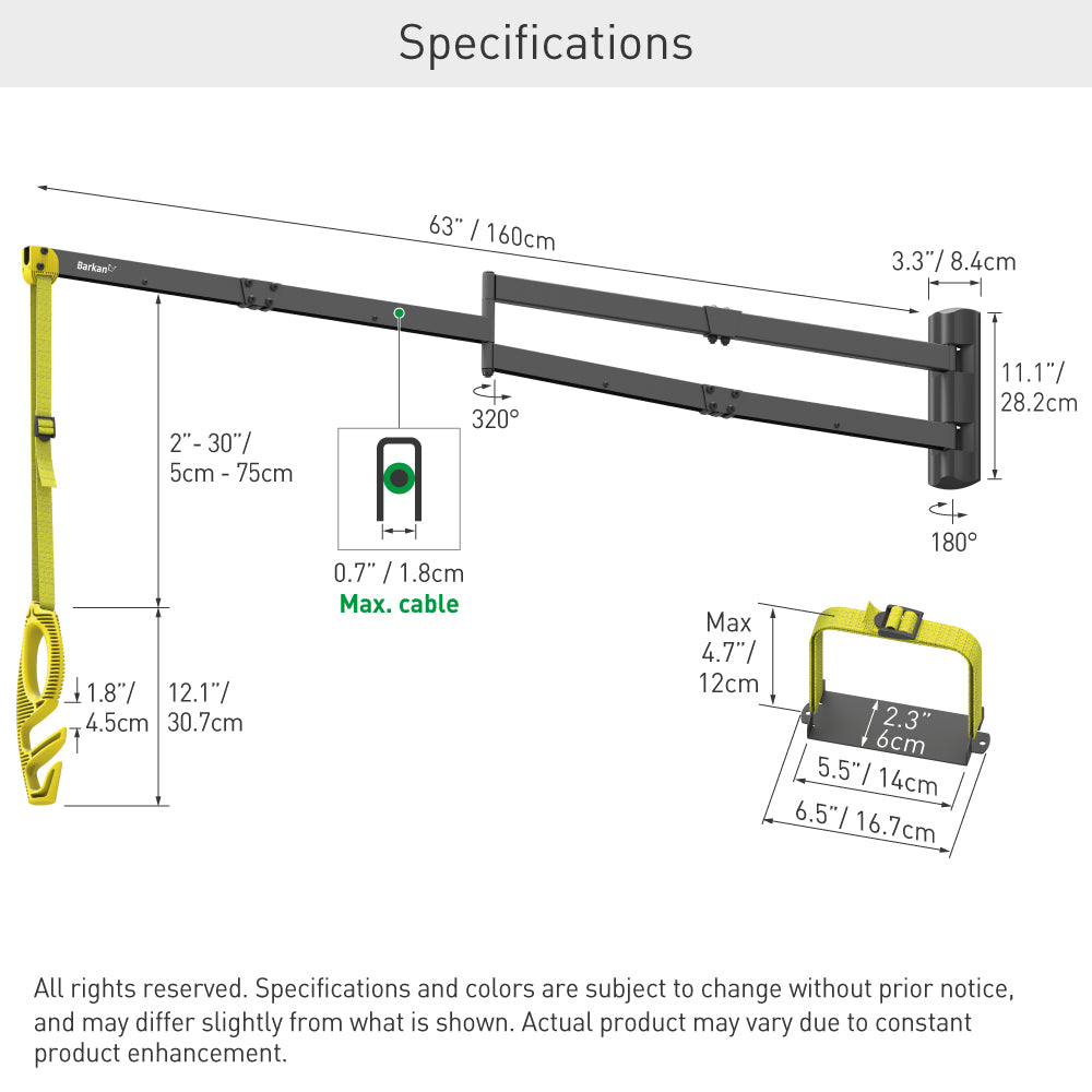 Barkan EV160WM 63” / 160cm Elegant Protective EV Charging Cable Wall Arm For EV Charging Stations