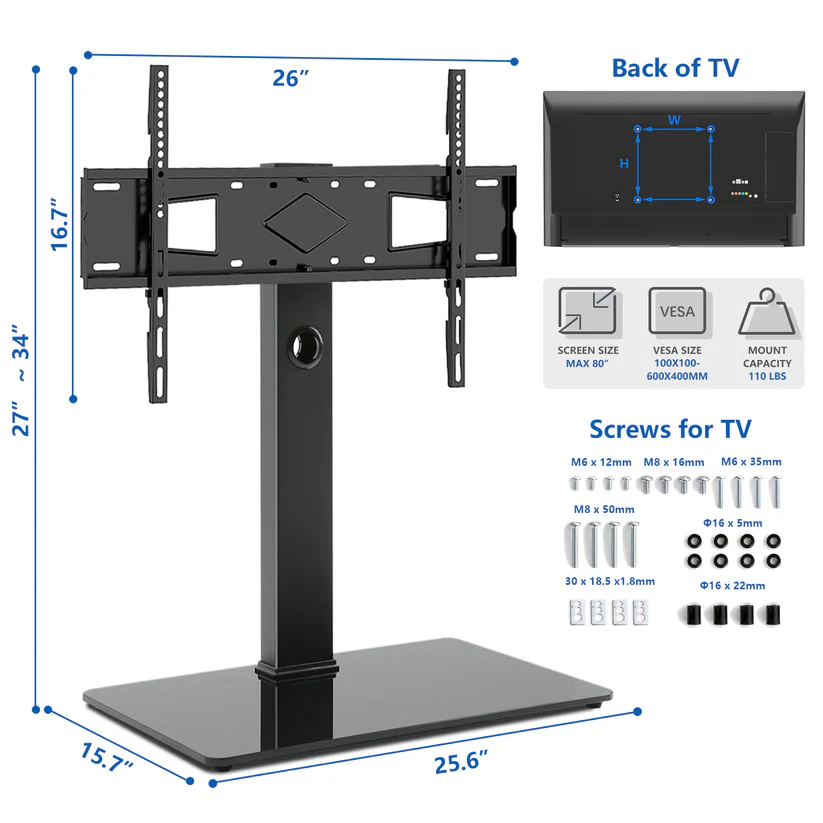HTA UT5001 Swivel Tabletop TV Stand with Glass Base for 40" - 80" TVs