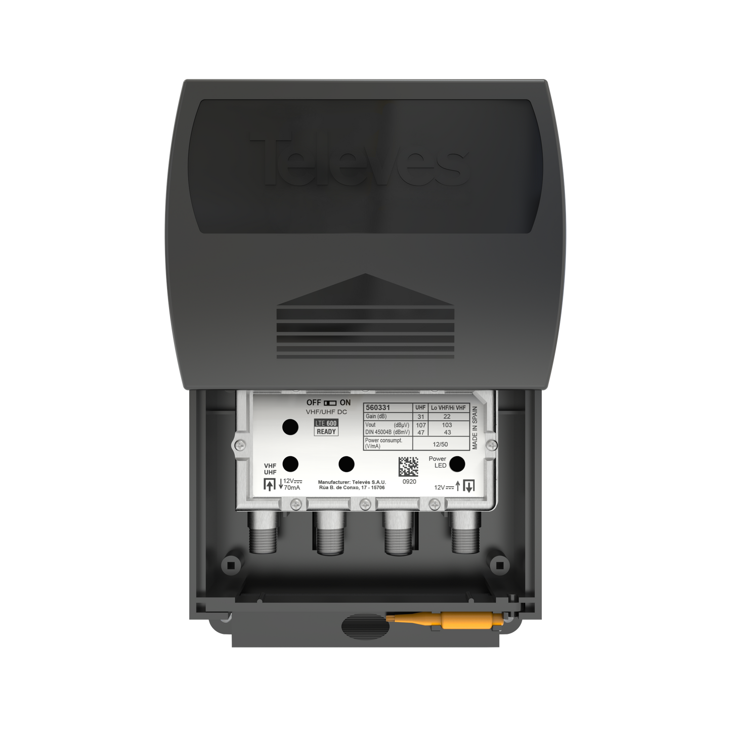 Televes 560383 Single Input Antenna Preamp, 5G Cell Filter, Coaxial F-fitting Connections, Automatic Gain Control (AGC)