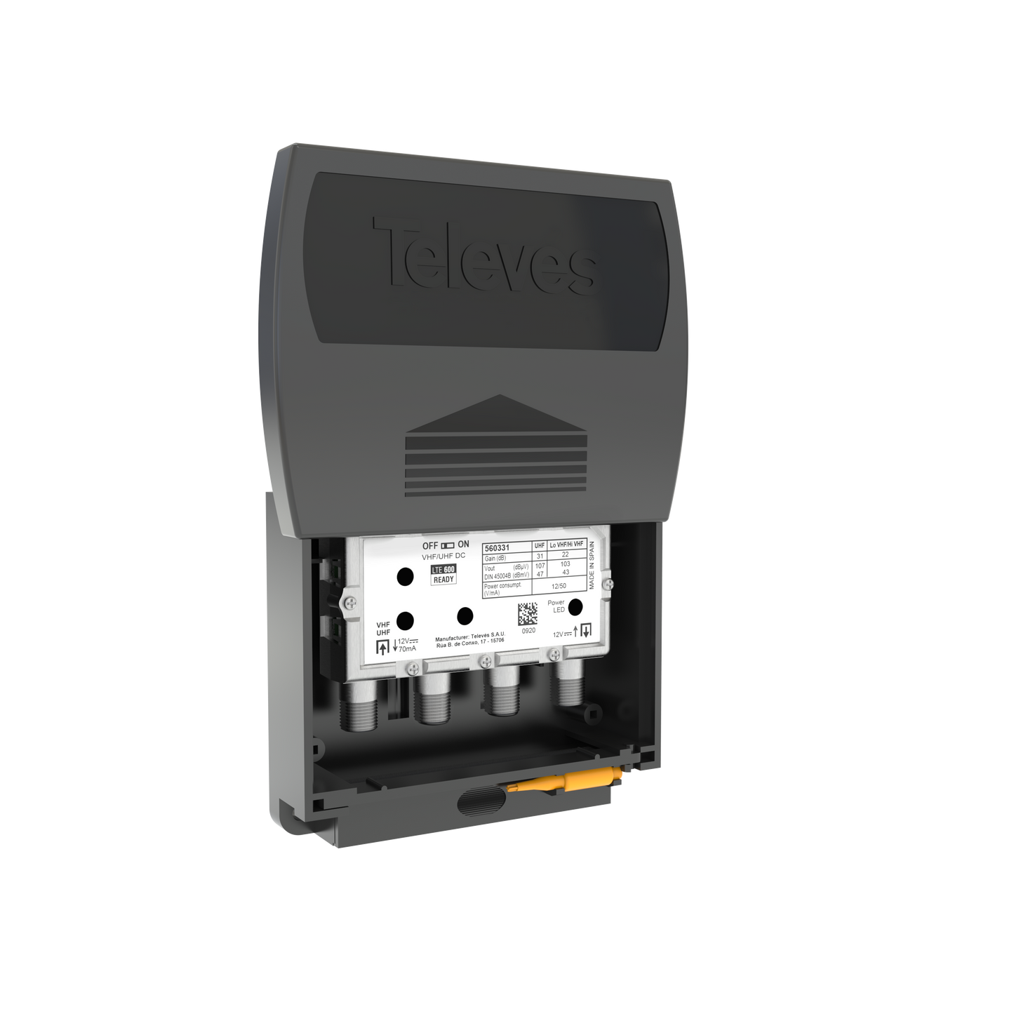 Televes 560383 Single Input Antenna Preamp, 5G Cell Filter, Coaxial F-fitting Connections, Automatic Gain Control (AGC)