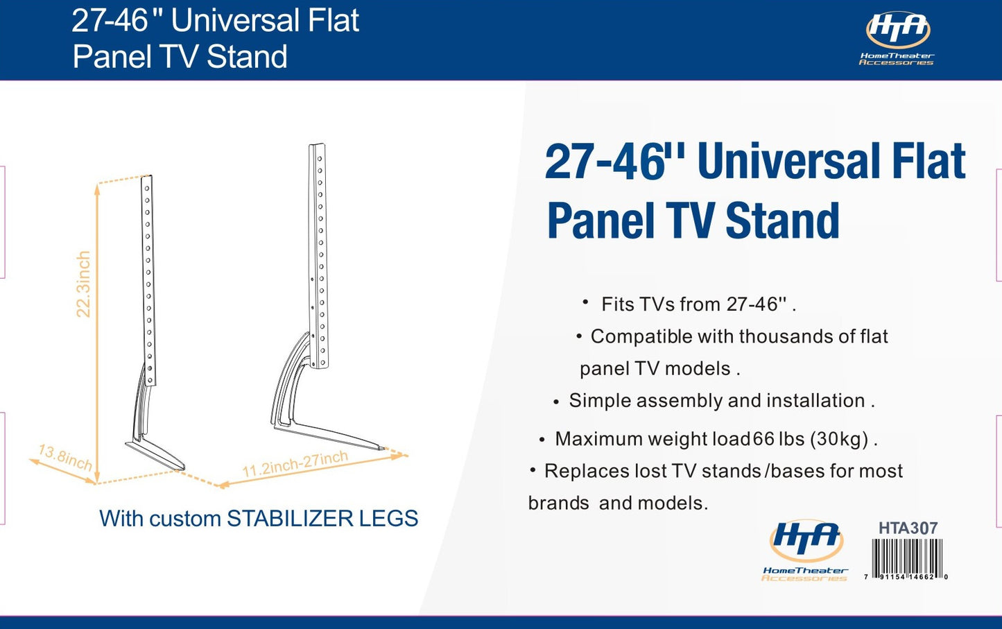HTA307 Home Theater Acccessories Universal Table Top TV Stand Legs for Most 27"- 46" LED/LCD Flat Panel TV, Height Adjustable
