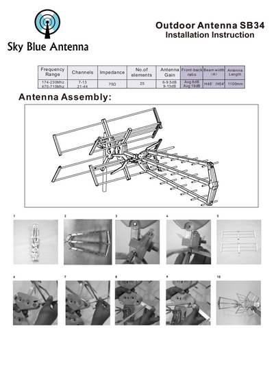 Sky Blue Antenna SB34, Fringe/Deep Fringe TV Antenna, Hi-VHF/UHF (ch. 7-44)