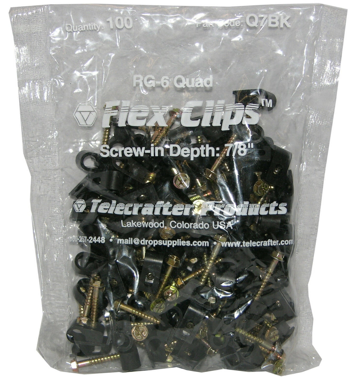 Telecrafter Q7BK, Flex Clips for RG-6 Quad shield Coax Cable, 7/8" screw, 100/bag
