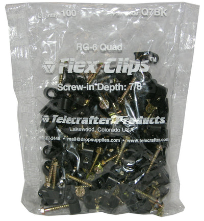 Telecrafter Q7BK, Flex Clips for RG-6 Quad shield Coax Cable, 7/8" screw, 100/bag