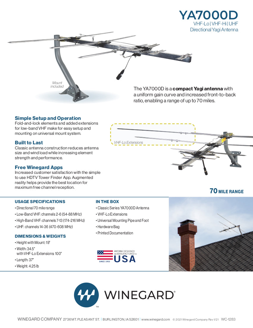 Winegard YA7000D, Yagi Antenna With up to 70 Mile Range, Low & Hi VHF / UHF (Ch 2-36)