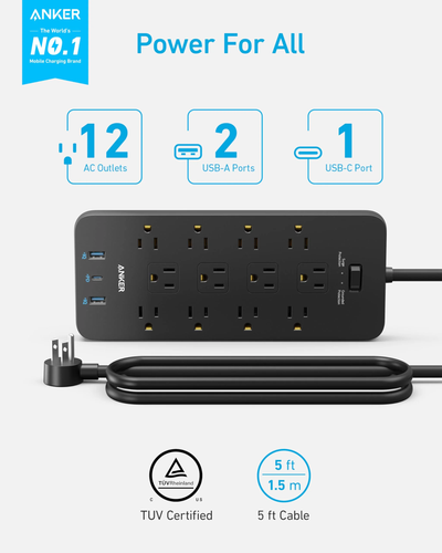 Anker 351 Power Strip 12 Outlet With USB 5ft cord 2100 Joules Protection
