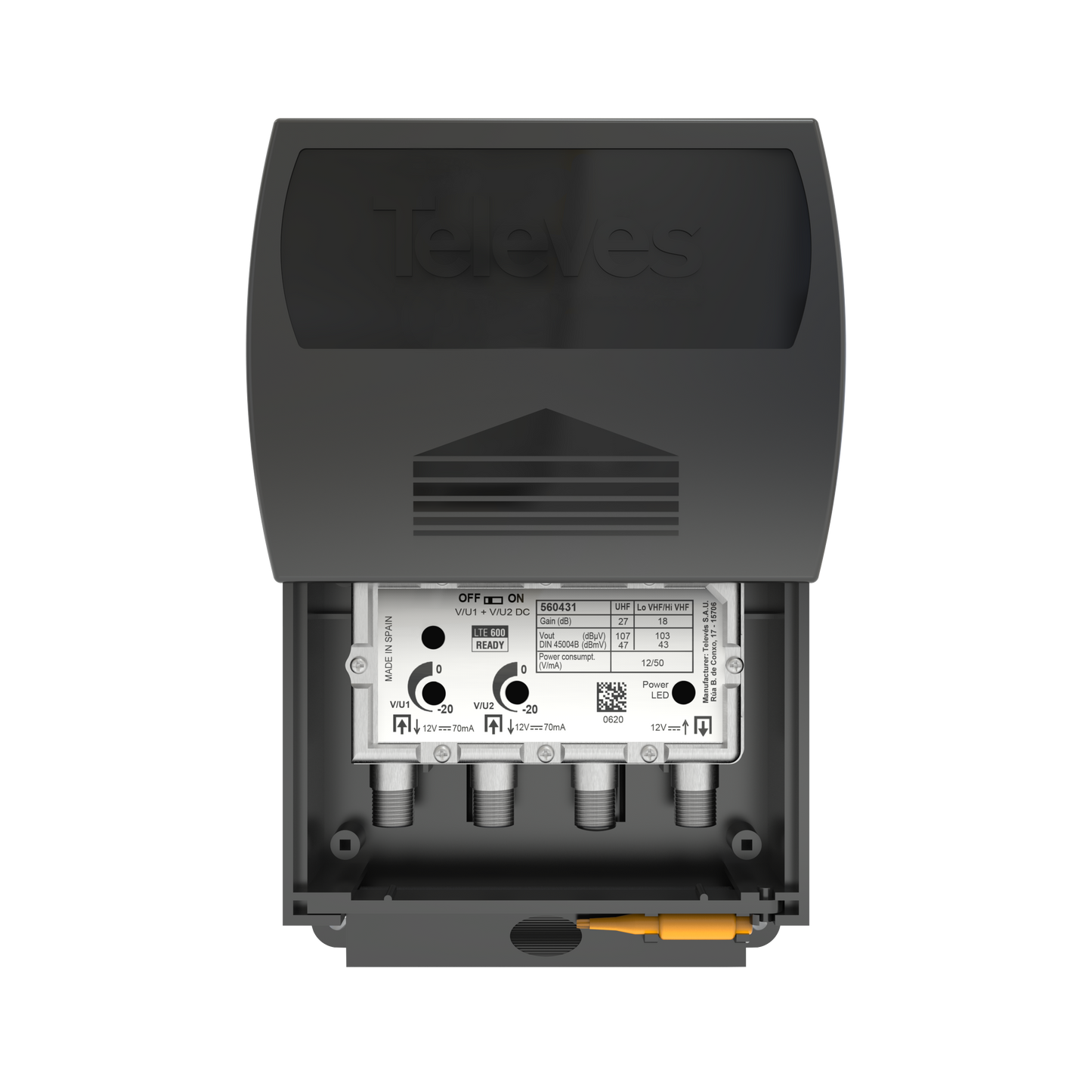 Televes 560483 Dual Input Antenna Preamp, Coaxial F-fitting Connections, Automatic Gain Control (AGC), 5G filtered