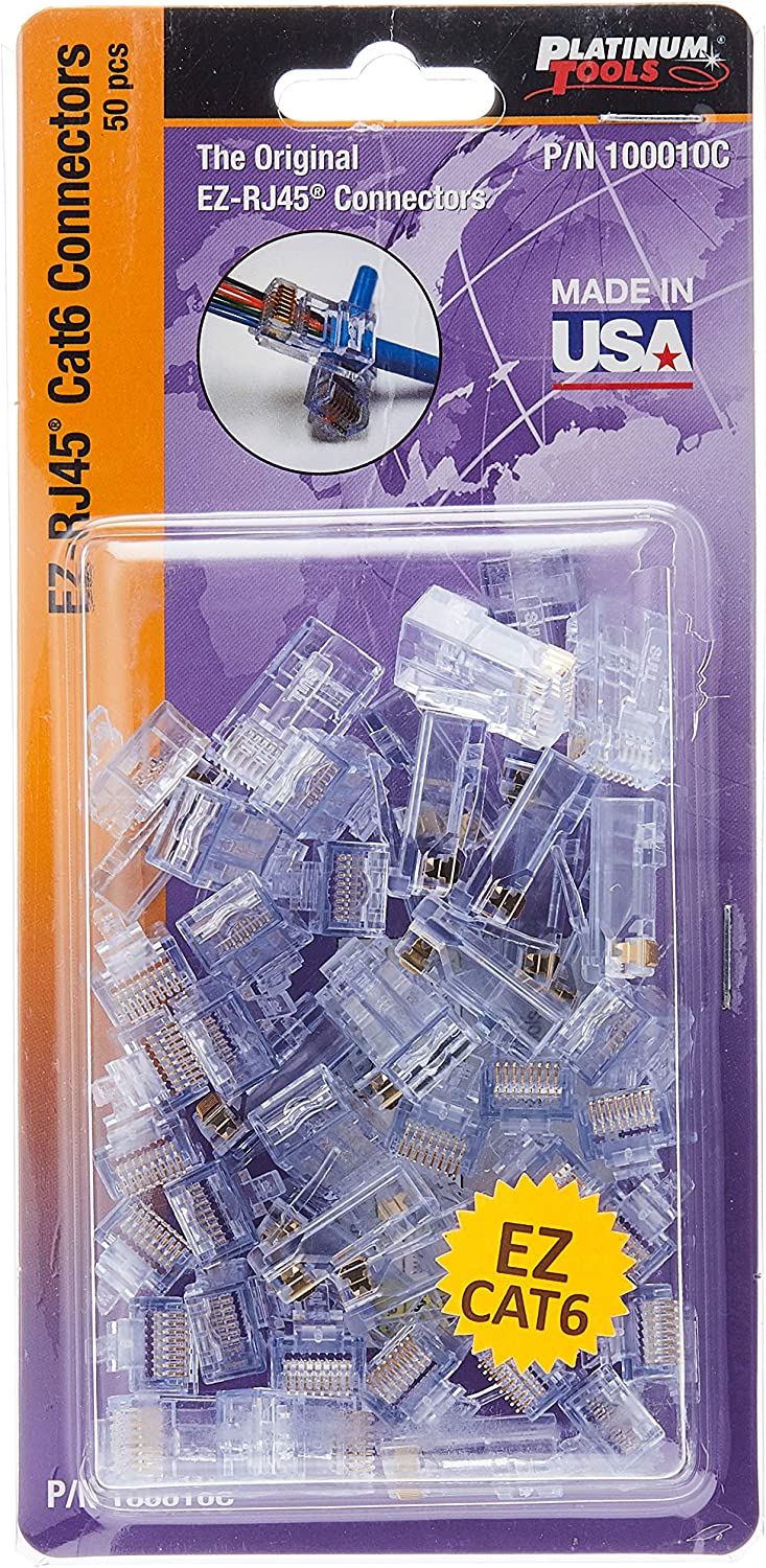 Platinum Tools 100010C, EZ crimp RJ-45 connectors, CAT 6, 50 pack