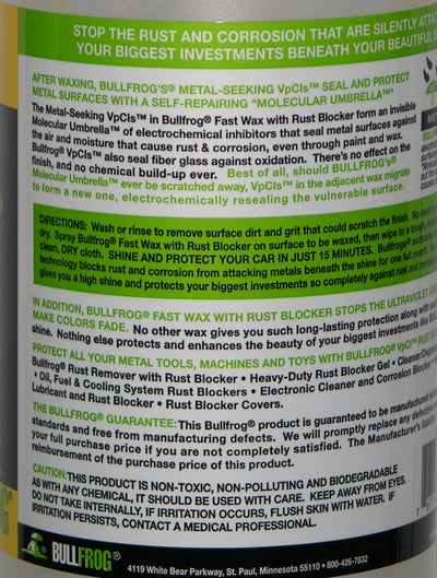 Bullfrog 98198 Fast Wax Spray w/ Rust Blocker, Shines & Protects Car Truck, More, 32oz