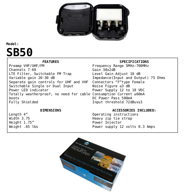 Sky Blue Antenna SB50, HDTV Antenna Preamp Amplifier, Dual Input, Variable Gain