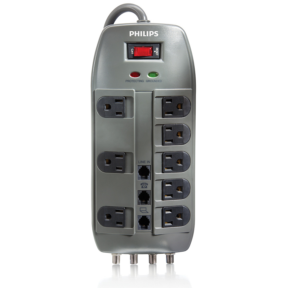 Philips Consumer Electronics SPP5085F/37, surge strip, 8 outlet, coax & phone, 4320J, black