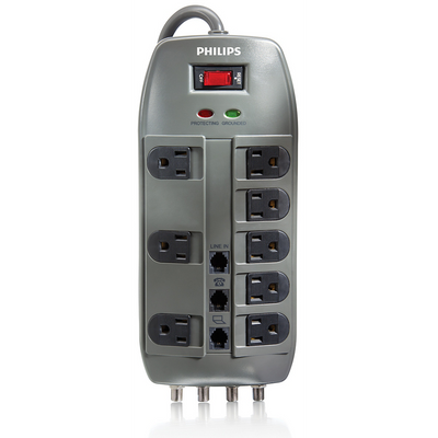 Philips Consumer Electronics SPP5085F/37, surge strip, 8 outlet, coax & phone, 4320J, black