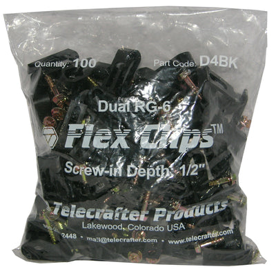 Telecrafter D4BK, Flex Clips for dual RG-6 or RG-59 Coax cable, 1/2" screw, 100/bag