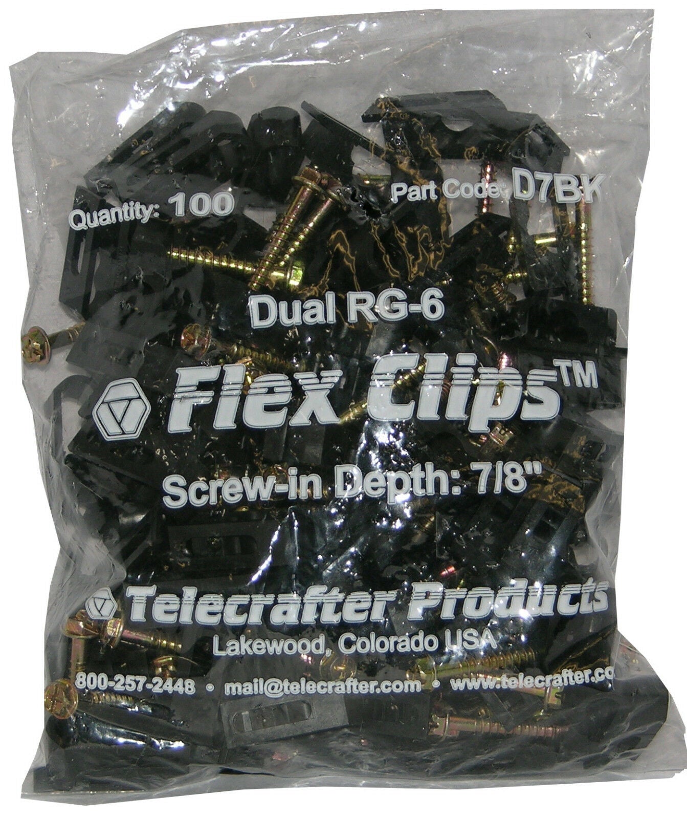 Telecrafter D7BK, Flex Clips for dual RG-6 or RG-59 Coax cable, 7/8" screw, 100/pack