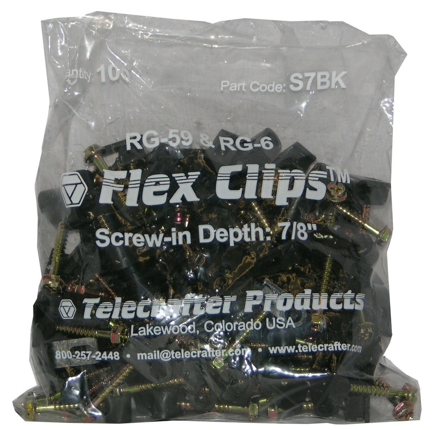 Telecrafter S7BK, Flex Clips for RG-6 or RG59 Coax Cable, 7/8" screw, 100/bag