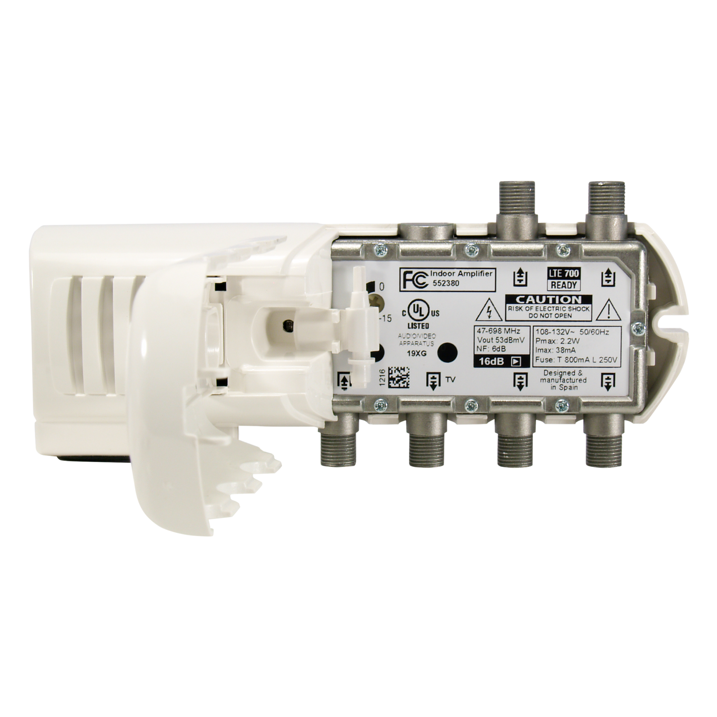Televes 552380 Distribution Amplifier  "F" domestic amplifier (UL certified) 5 outputs (4+TV): VHF/UHF 16dB Gain, Adjustable