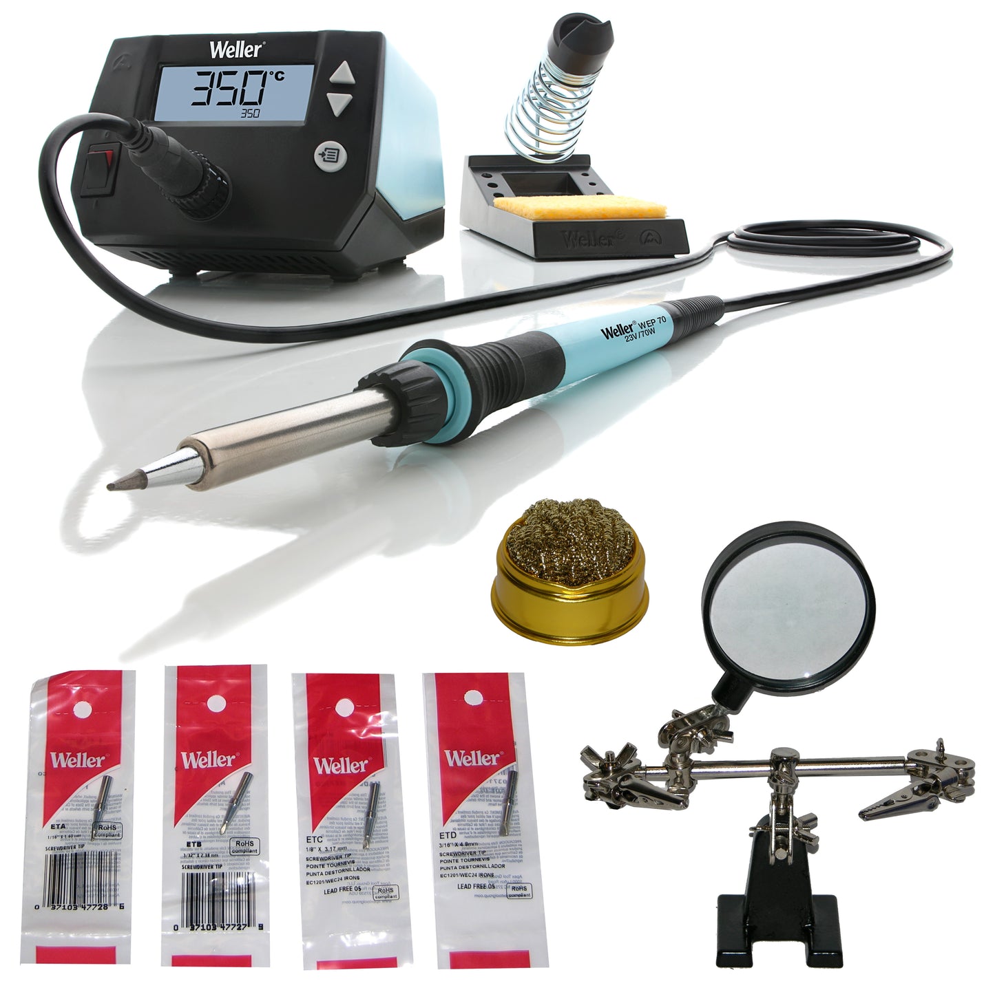 Weller WE1010NA Digital Soldering Station + ETA/B/C/D + Tip Cleaner + Magnifier/Helping Hands